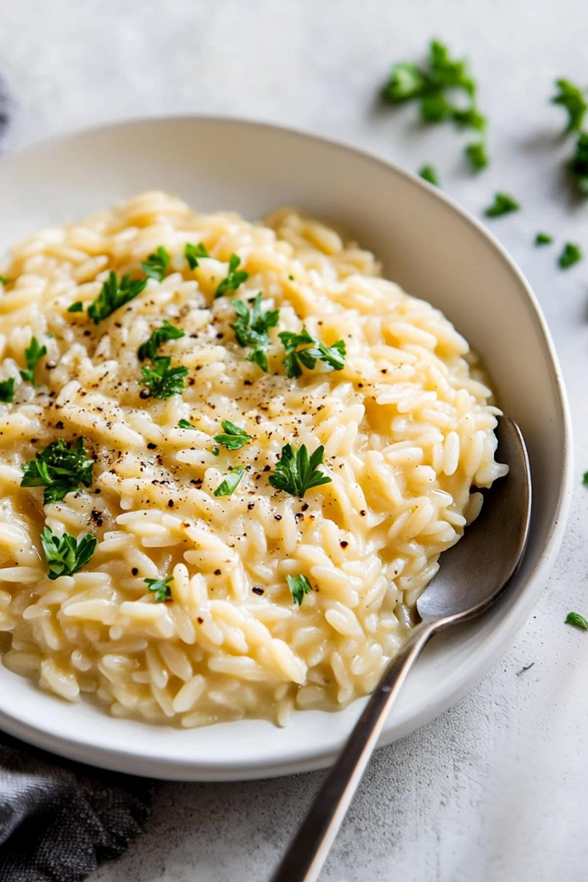 A creamy bowl of orzo risotto, garnished with fresh parsley.