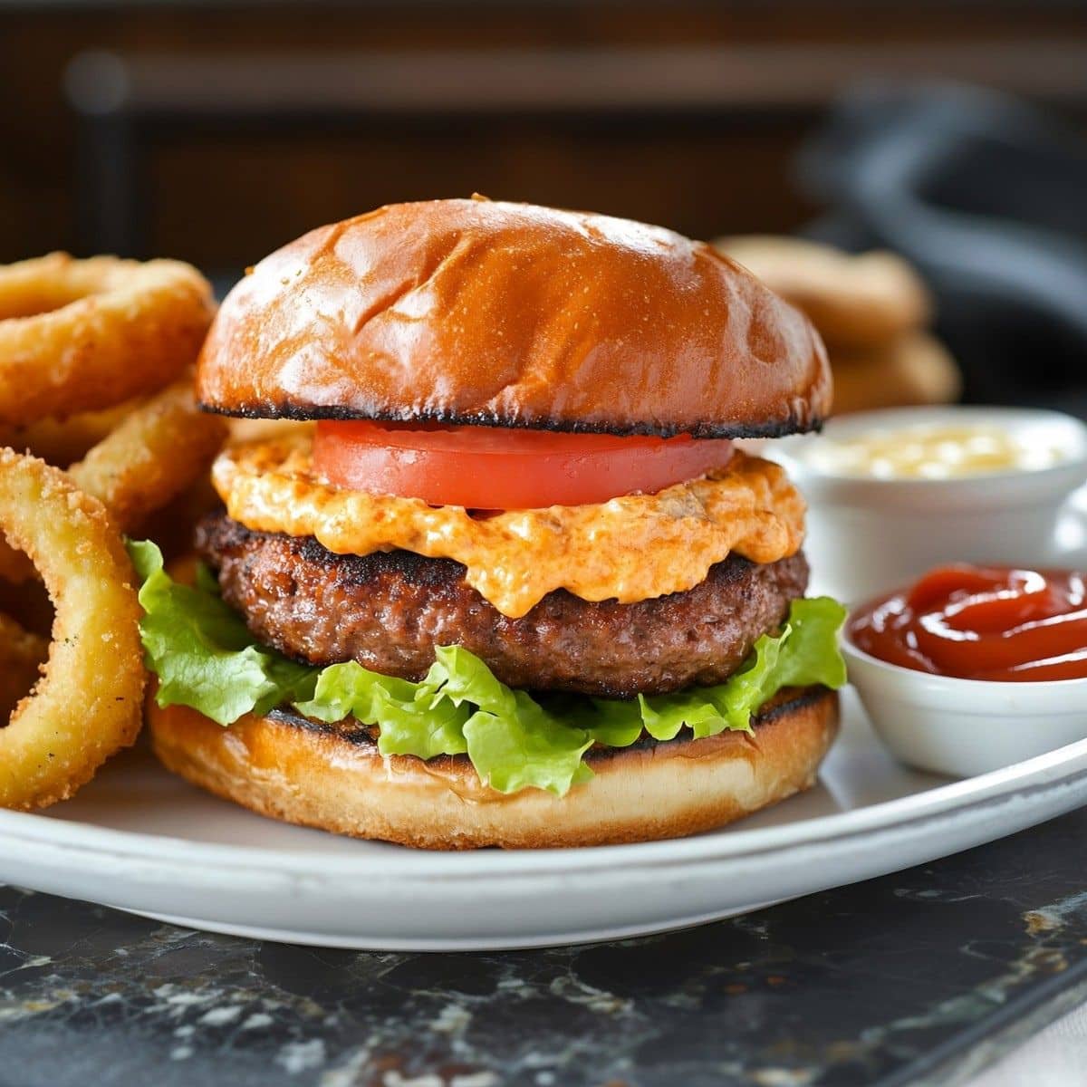 Burger with pimento cheese served on a white plate with onion rings.