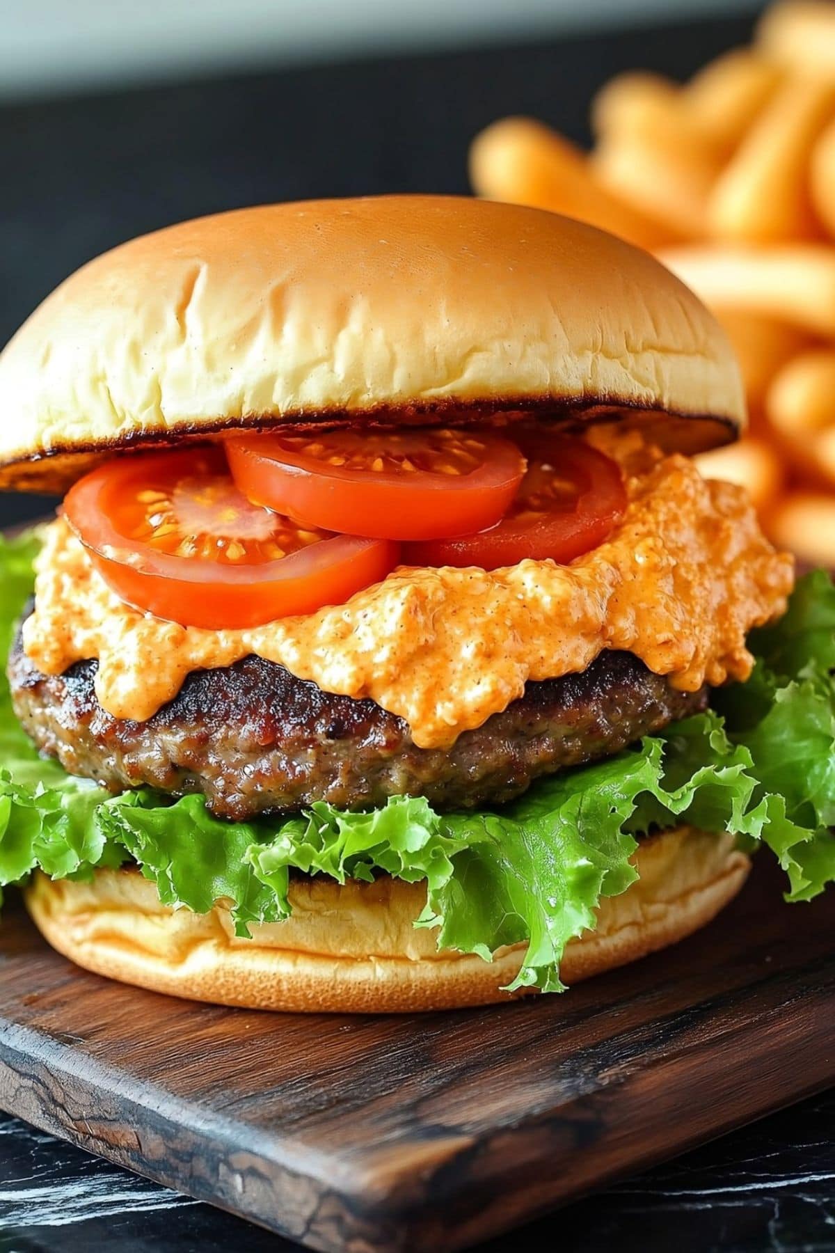 Thick and juicy burger with tomatoes and lettuce and pimento cheese, close up.