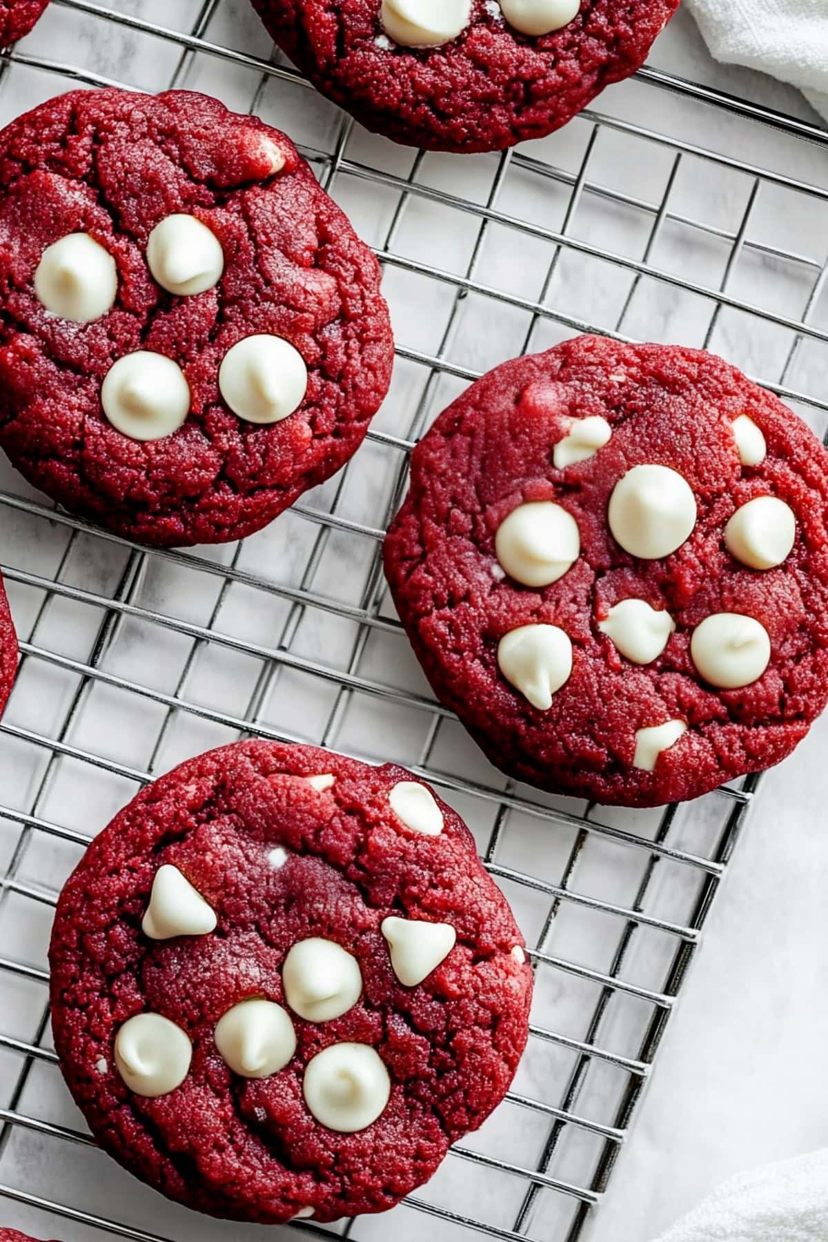 Red velvet white chocolate chip cookies on a cooling rack, top view.