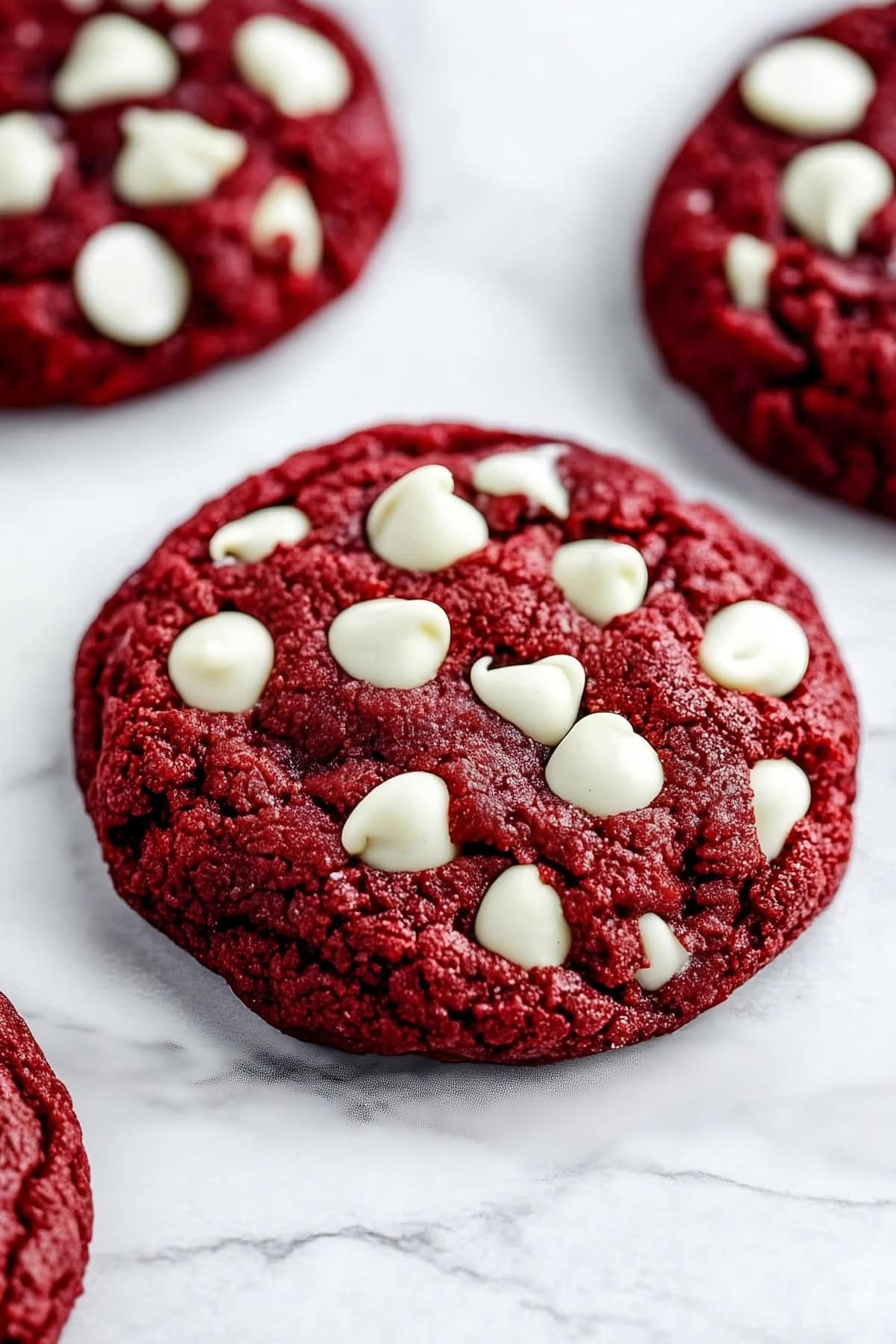 Close-up of a red velvet cookie with melty white chocolate chips