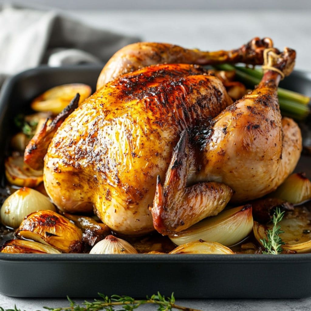 Roast chicken in a roasting pan with sliced onion 