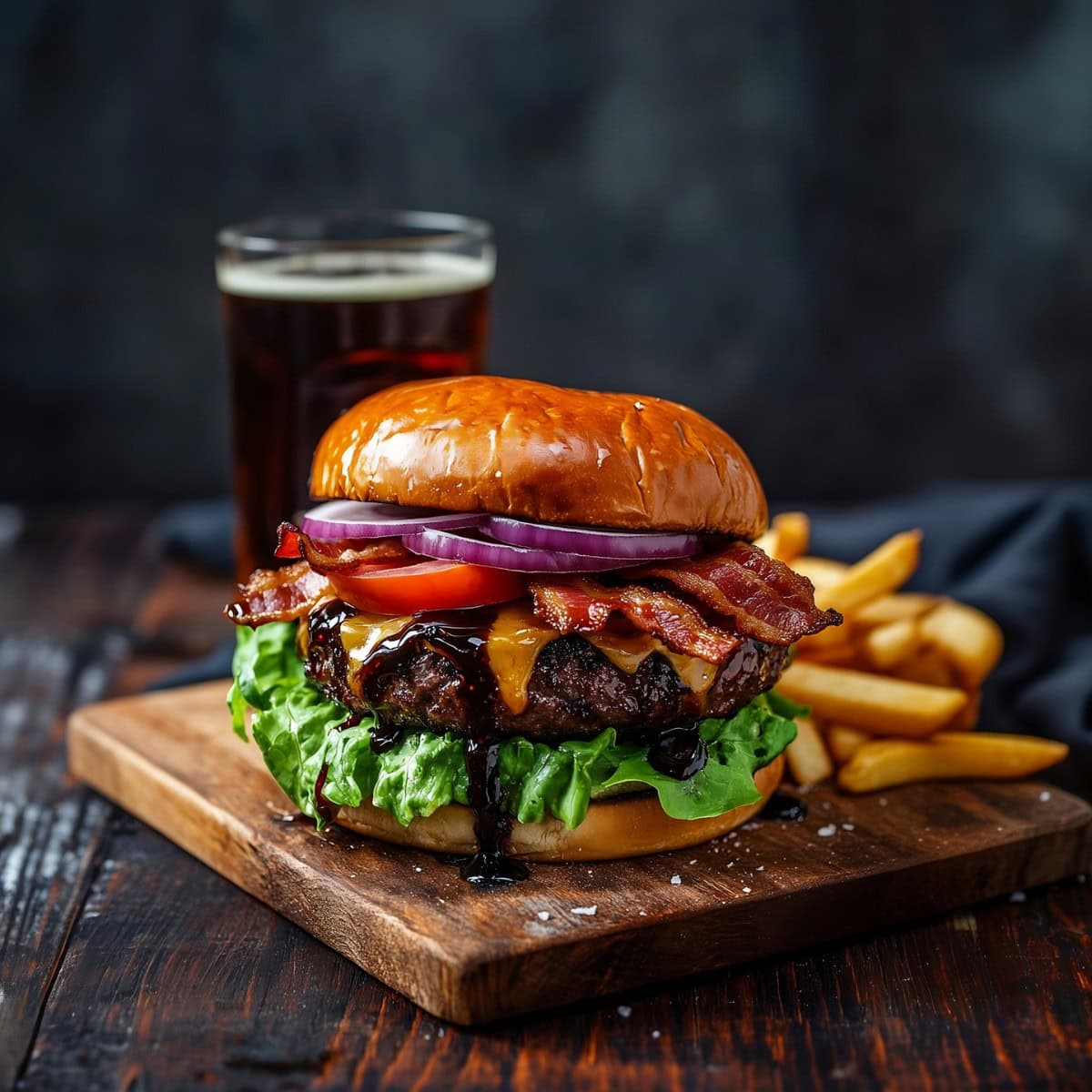 Gourmet Jack Daniel's burger with crispy bacon and a side of fries.