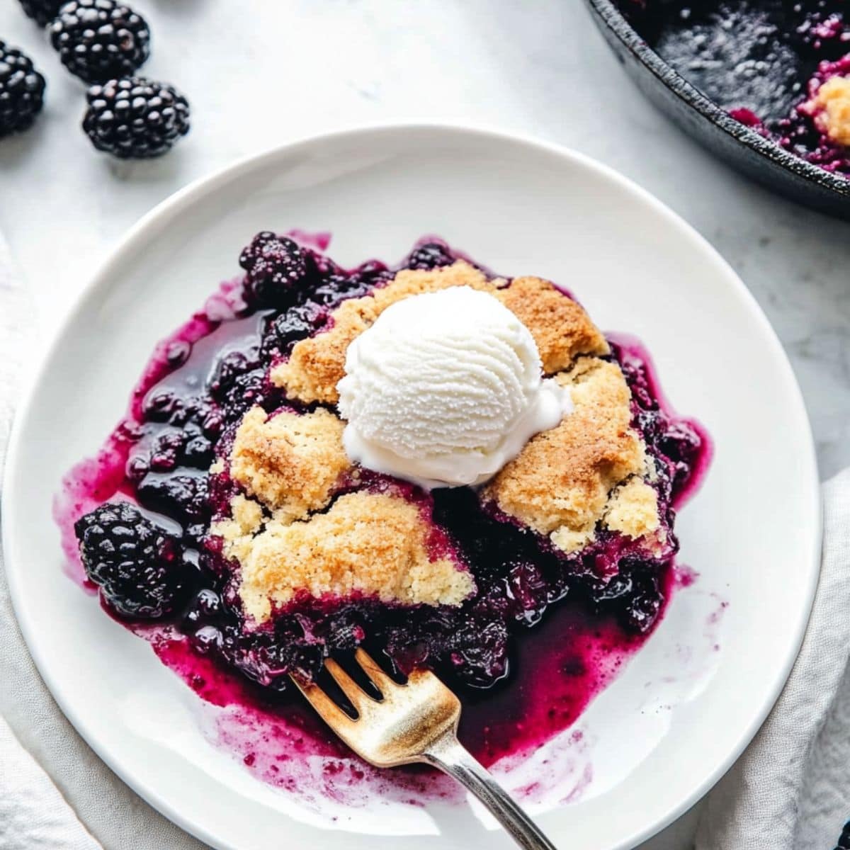 Skillet blackberry cobbler served in a bowl with vanilla ice cream, top view