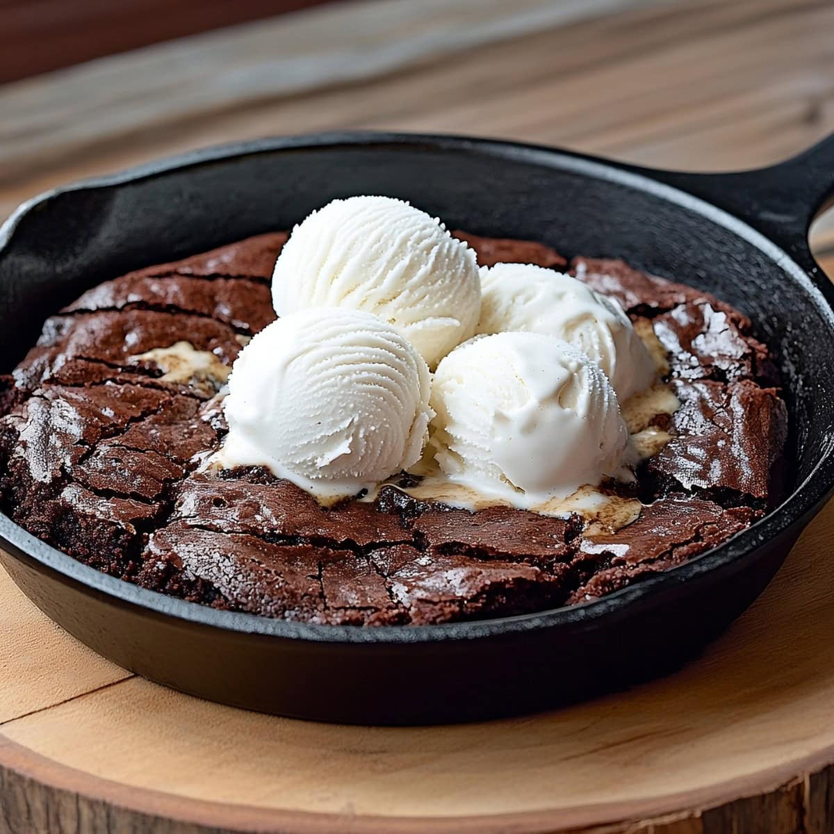 Close-Up shot of skillet brownie with ice cream, side view.