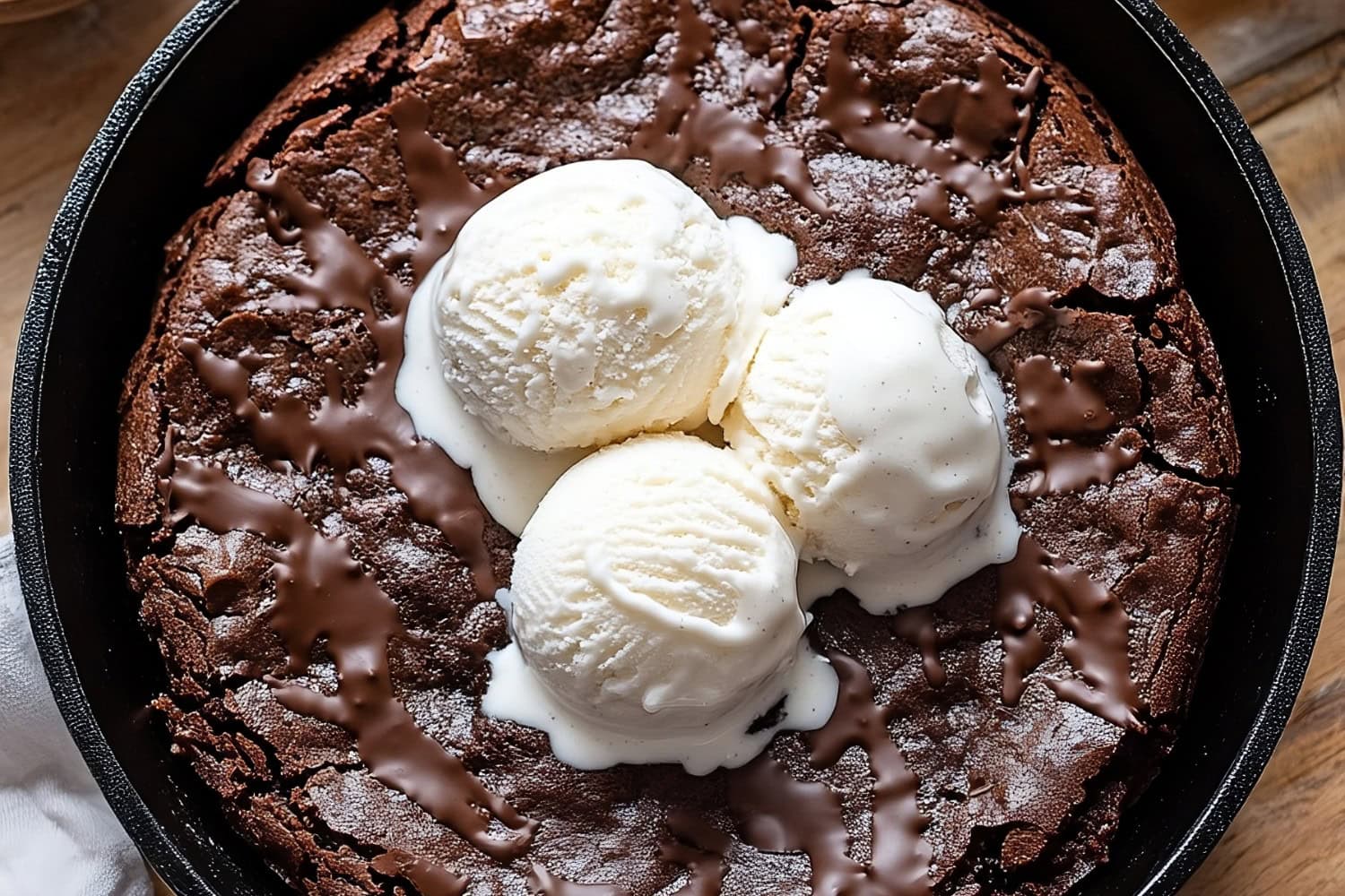 Chocolatey skillet brownie topped with scoops of ice cream.