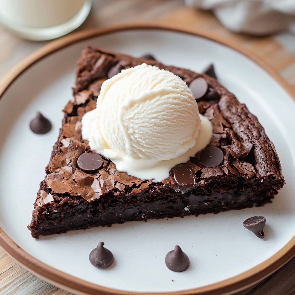 A slice of rich skillet brownie with chocolate chips in a plate.