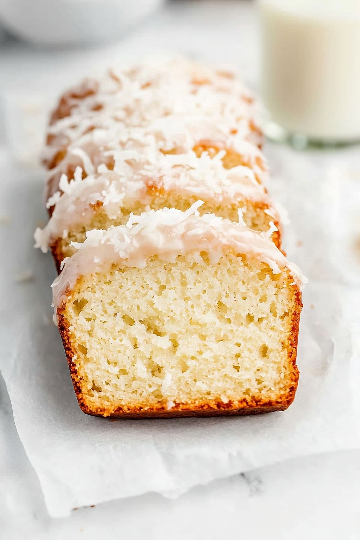 Sliced homemade coconut bread with glaze on parchment paper.