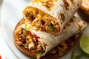 Sliced in half cheesy chicken burritos.