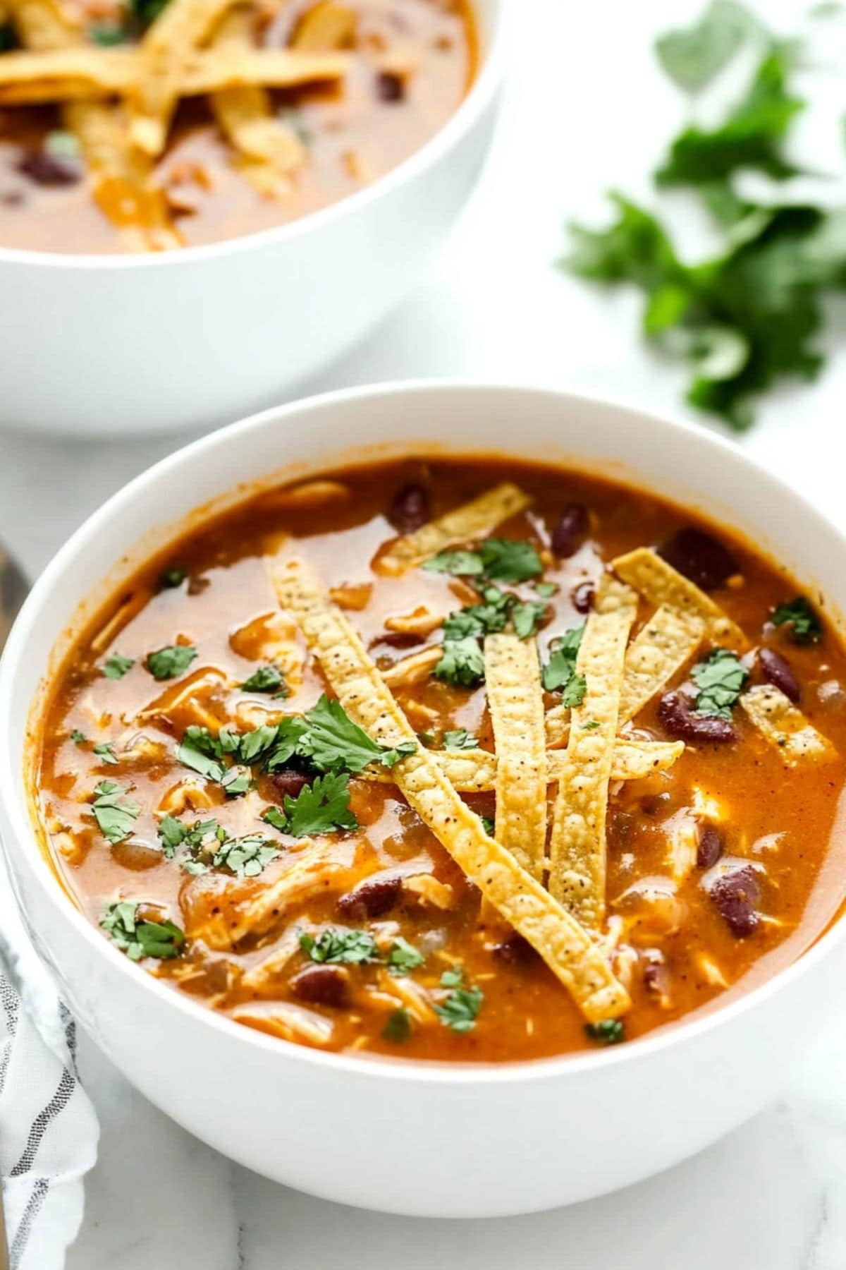 Two servings of chicken enchilada soup in a white bowl topped with tortillas