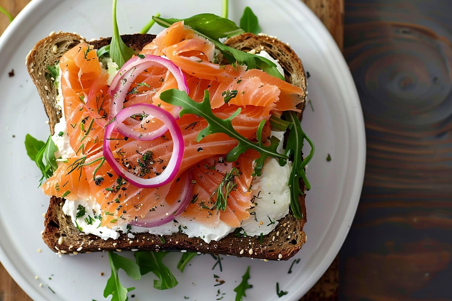 Delicious smoked salmon sandwich on whole grain bread.