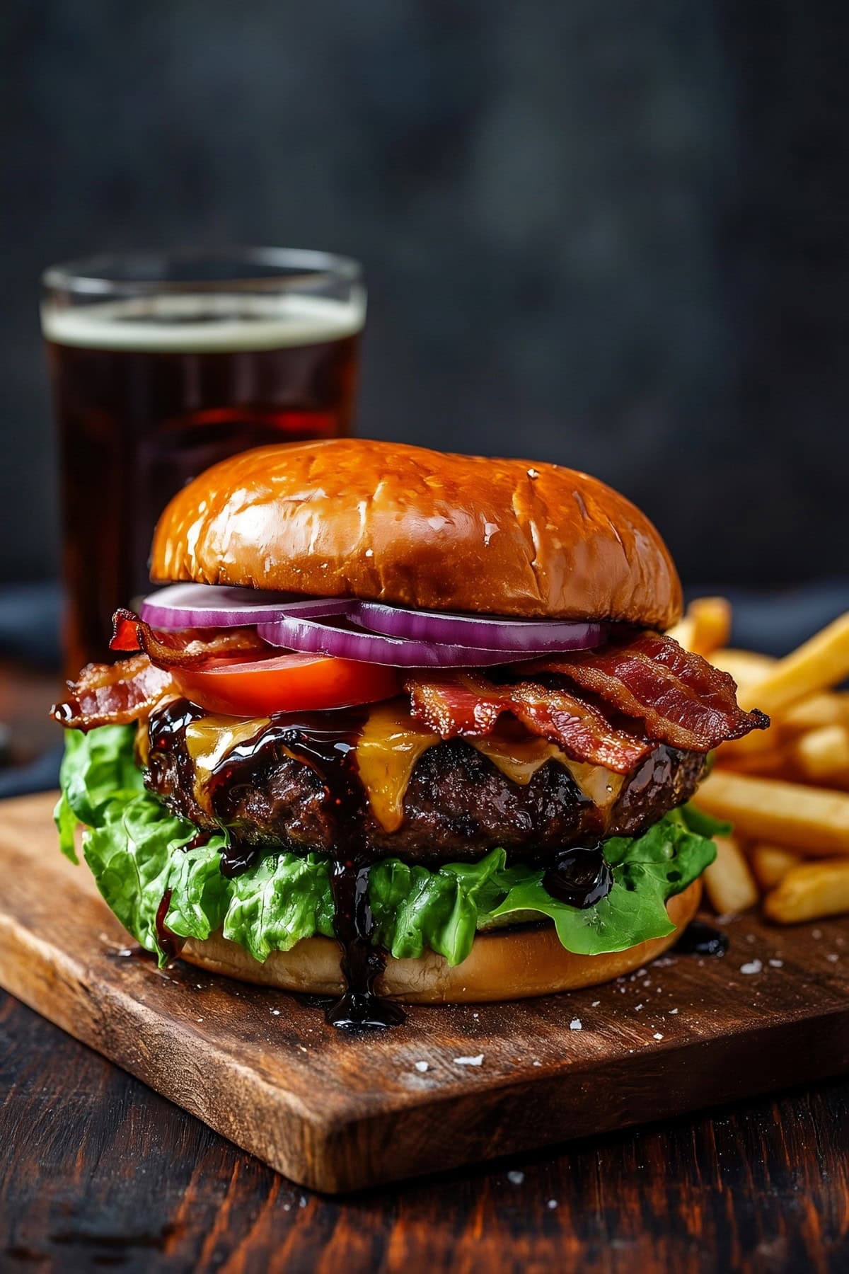 Mouthwatering Jack Daniel's burger ready to be enjoyed with a cold beer.