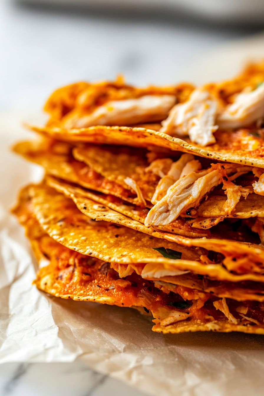 Crispy Chicken Tacos stacked, close up