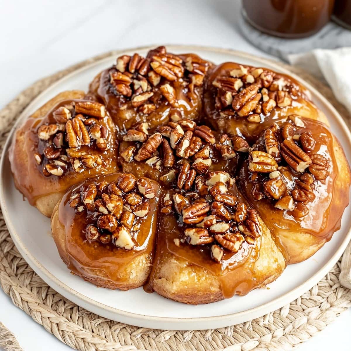 A plate of warm caramel pecan sticky buns topped with glistening caramel and crunchy pecans.