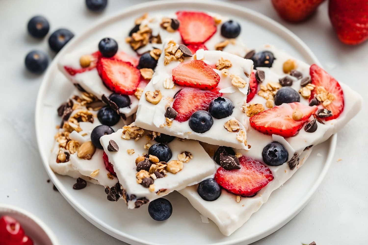 Frozen yogurt bark served on a platter, with a mix of vibrant fruit and crunchy toppings visible on top.