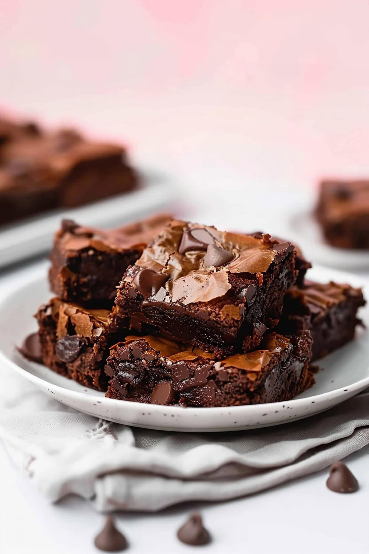 Ultra fudgy Nutella brownies topped with a sprinkle of sea salt, stacked on a plate.