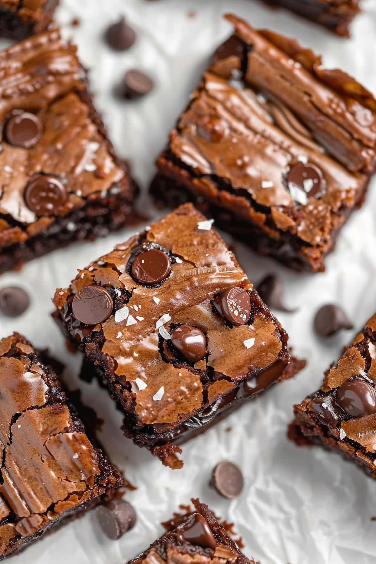 Homemade Nutella Brownies with Chocolate Chips and sea salt, sliced into squares on parchment paper, top view