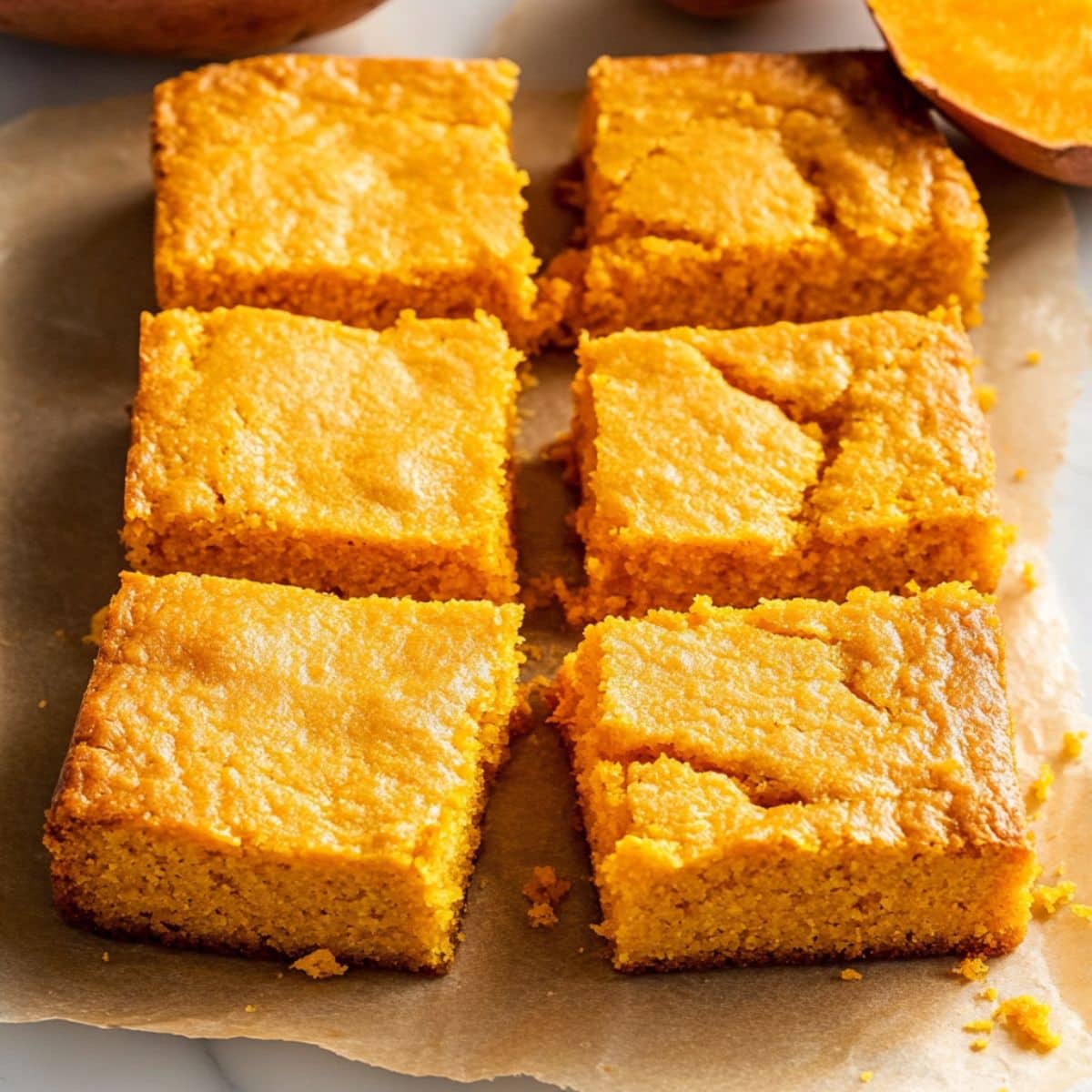 Slices of sweet potato cornbread on a brown parchment paper.