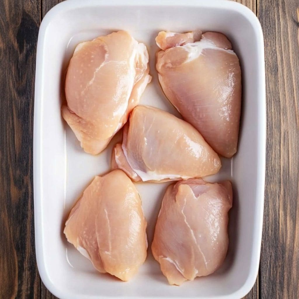 raw skinless chicken breast in a rectangular baking dish.