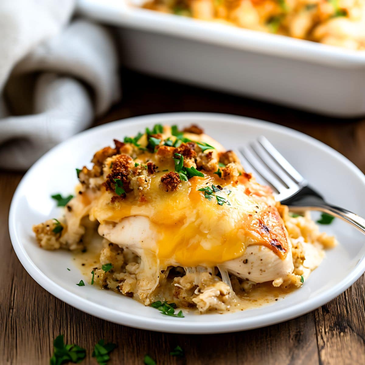 Serving of chicken casserole with swiss cheese in a plate.