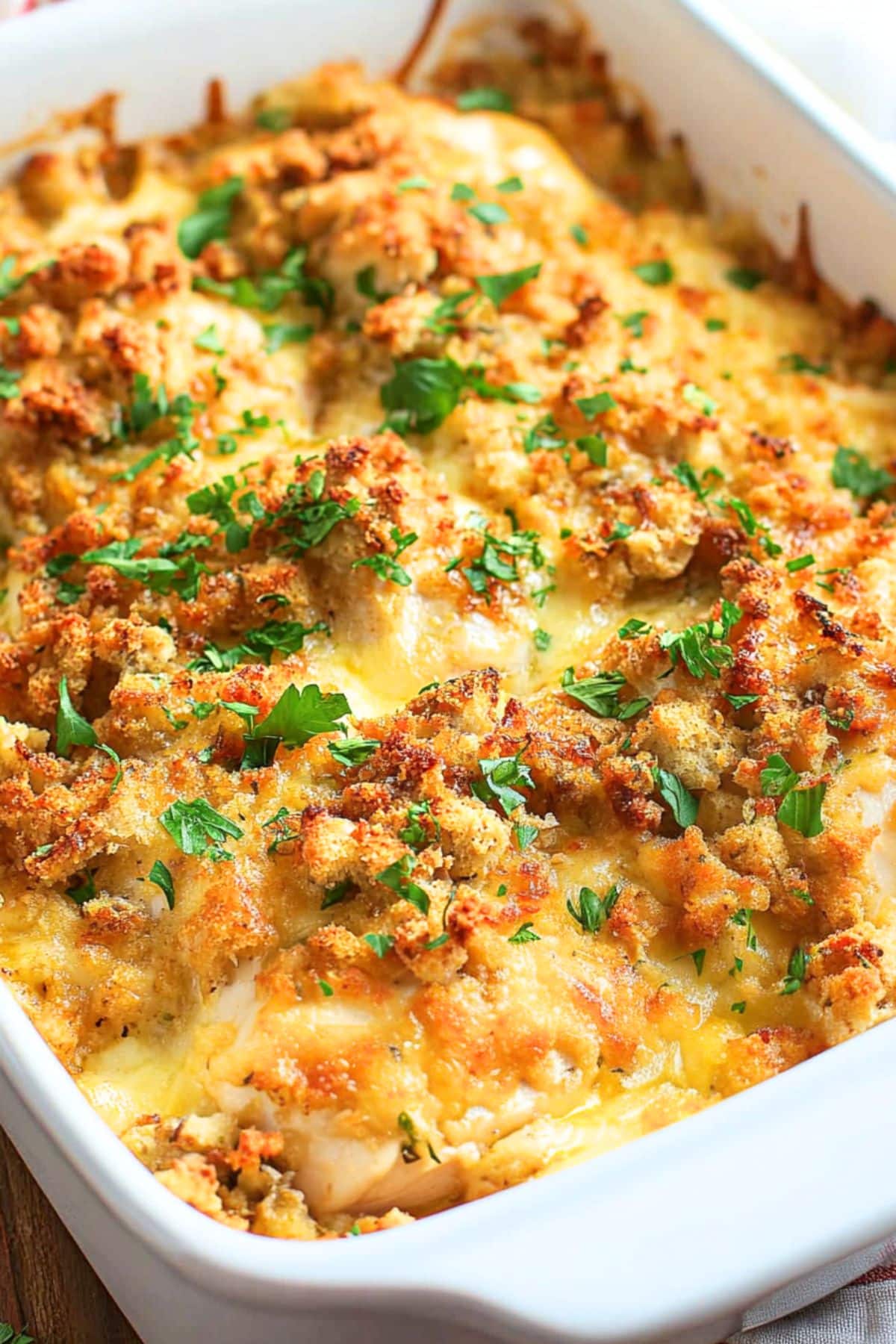 Chicken casserole in a white baking dish covered with melted swiss cheese and stuffing mix.