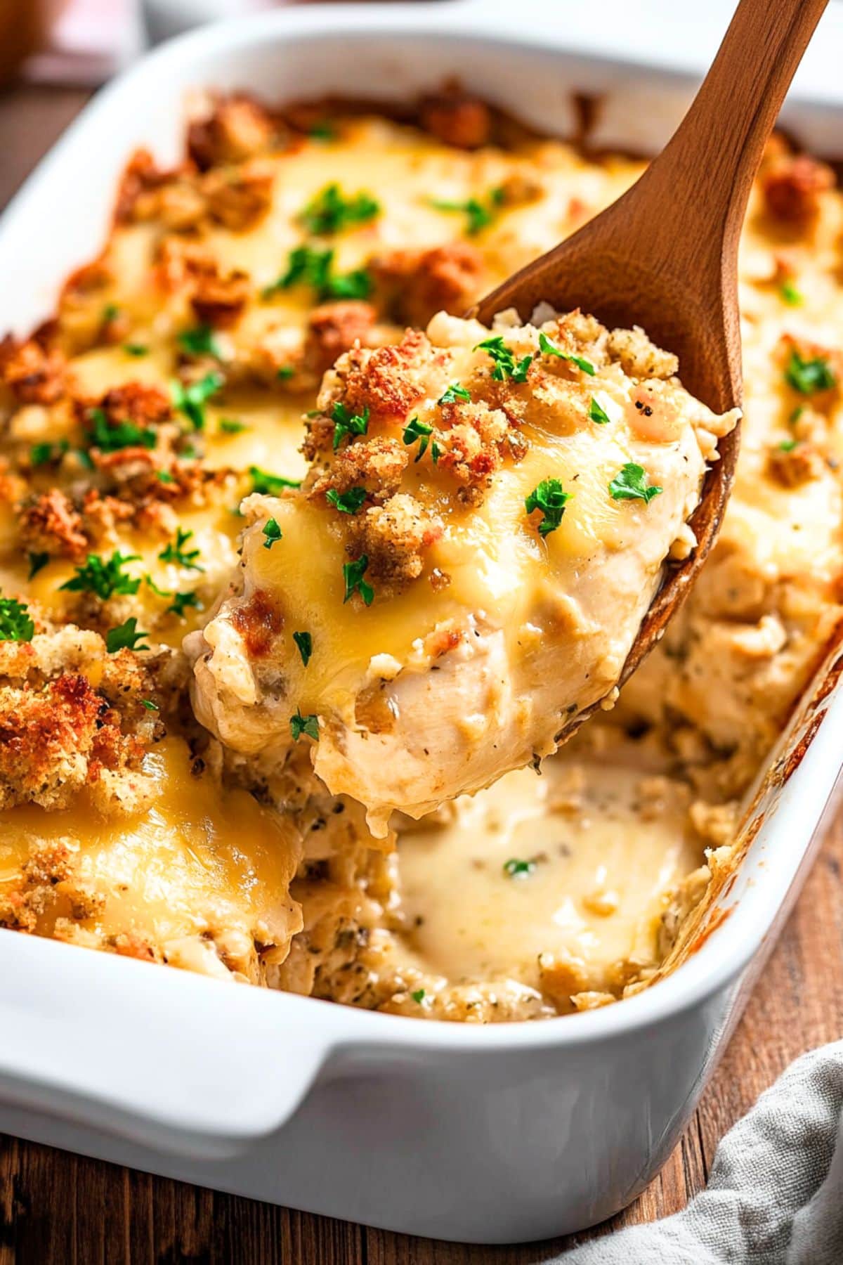 Chicken casserole with melted cheese and creamy sauce lifted with a wooden ladle. 