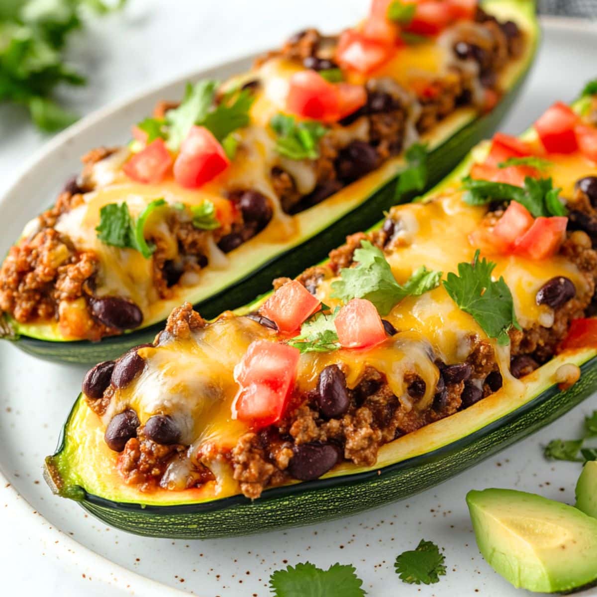 Taco zucchini boats with melted cheese served on a white plate.