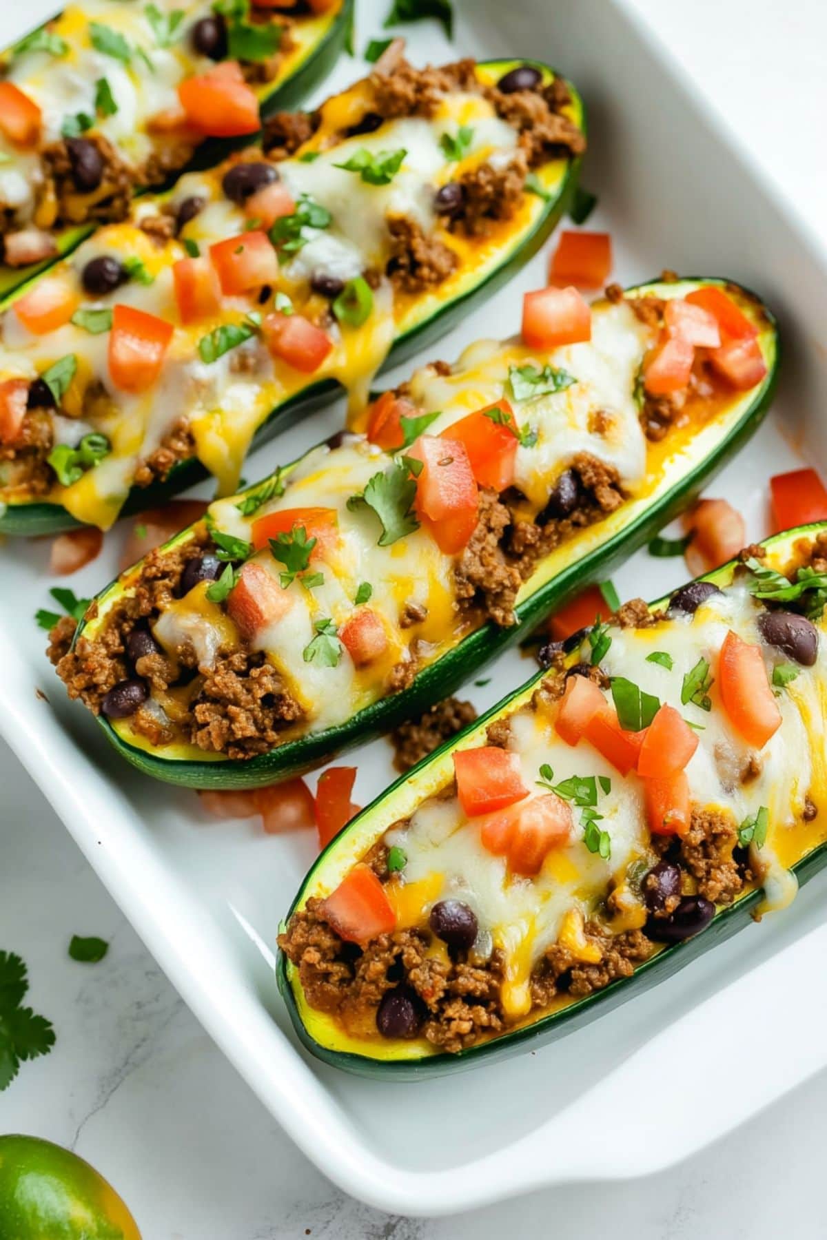 Taco zucchini boats in a white rectangular dish pan.