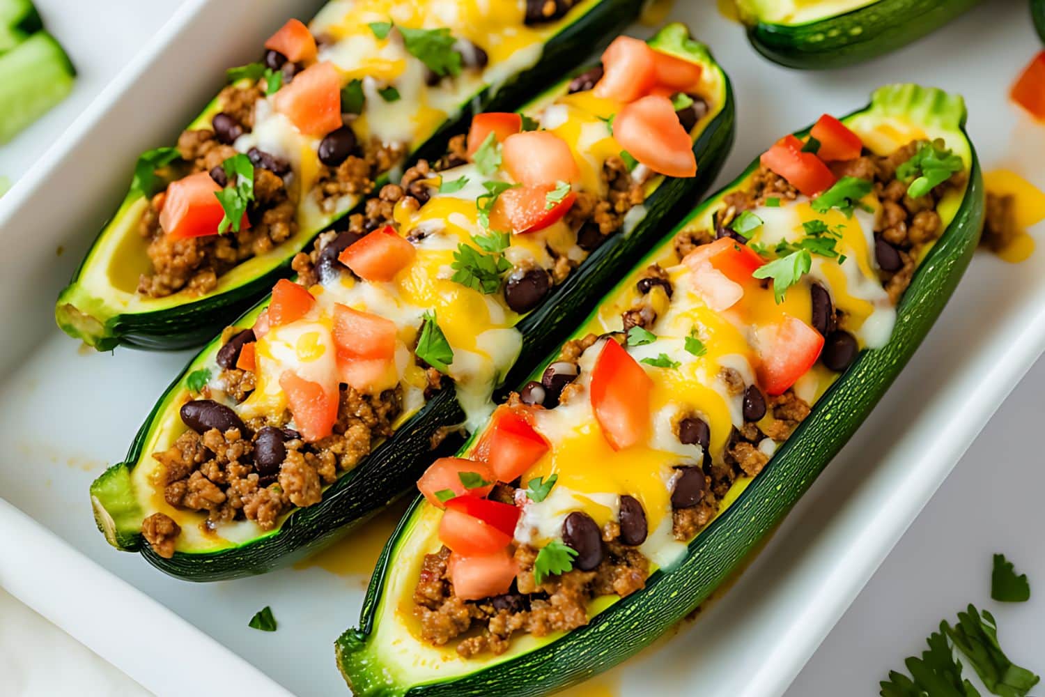 Zucchini sliced in half with taco beef filling topped with melted cheese and chopped tomatoes.