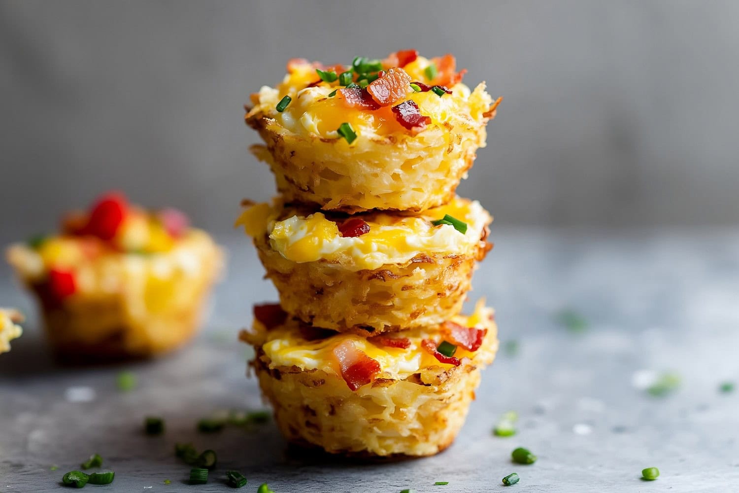 Homemade hash brown egg cups on a white marble table.