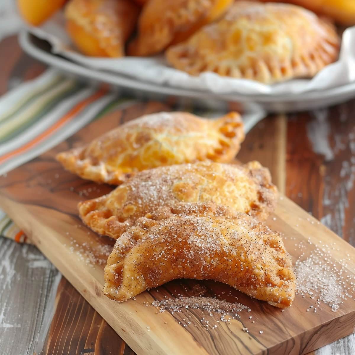 Warm peach hand pies with a golden, crispy crust on a chopping board with more in the background