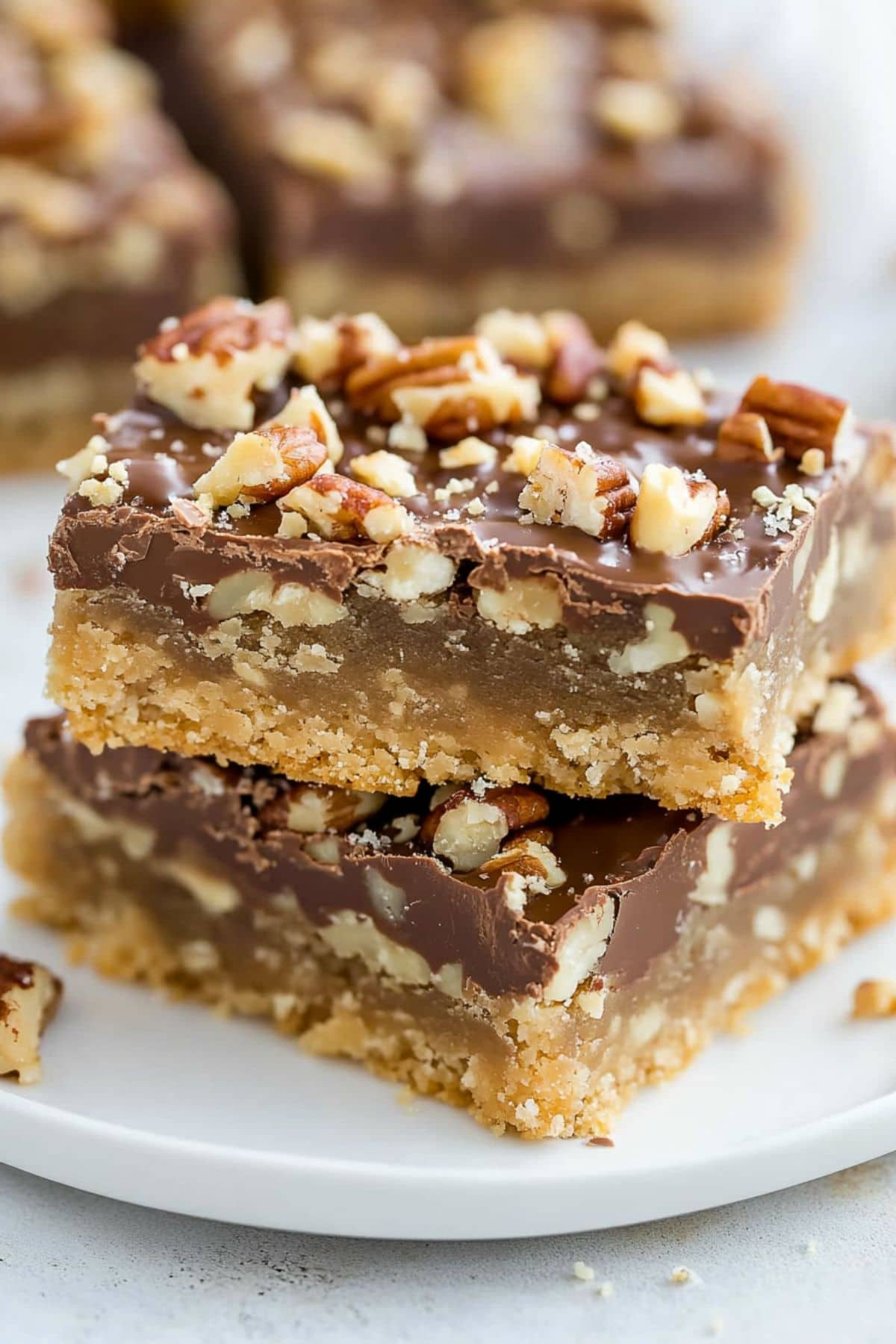 Two slices of toffee bars topped with chopped pecans served on a white plate.