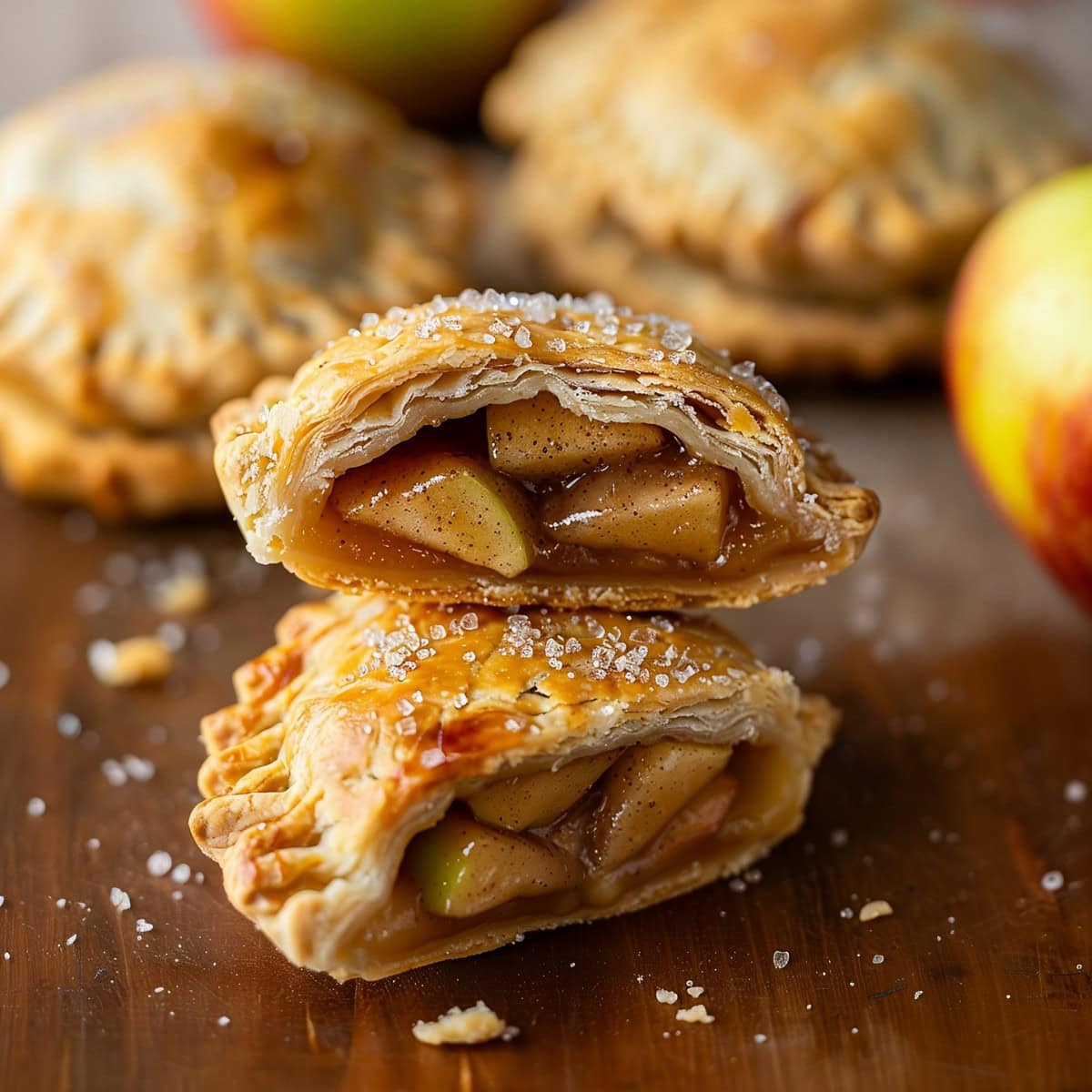 Two apple hand pies cut in half and stacked on a wooden board.