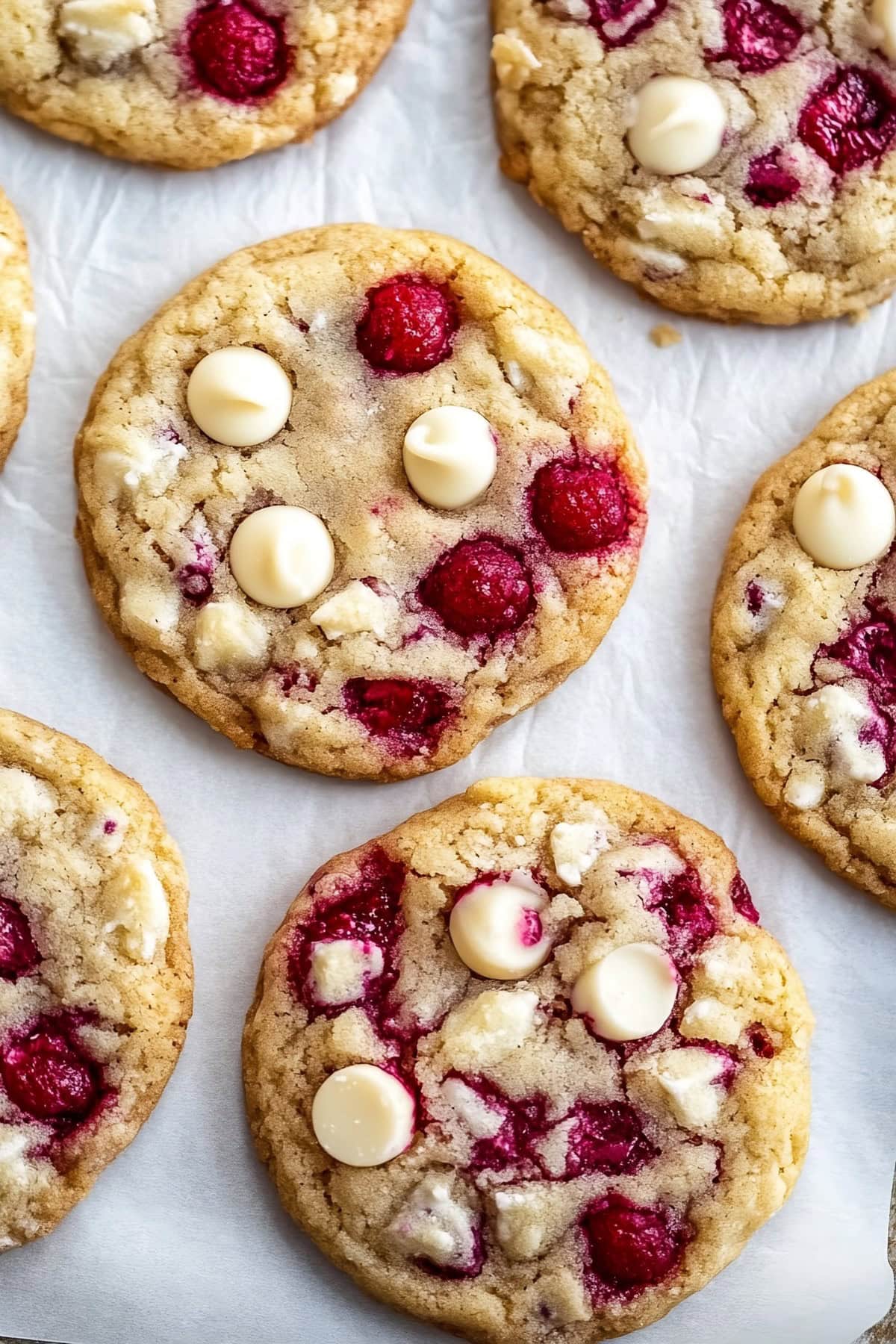 White chocolate raspberry cookies on a parchment paper, top view, close up