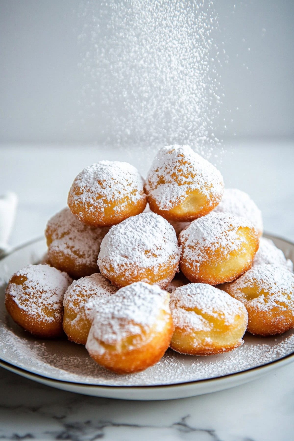 Plate of Italian donuts sprinkled with powdered sugar 