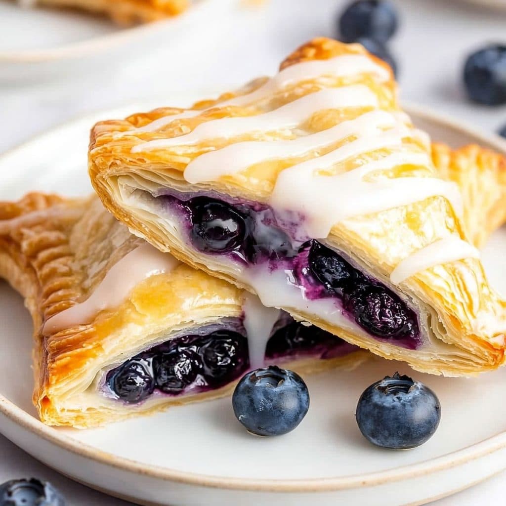 Two blueberry turnovers with glaze cut open and stacked on a white plate. 