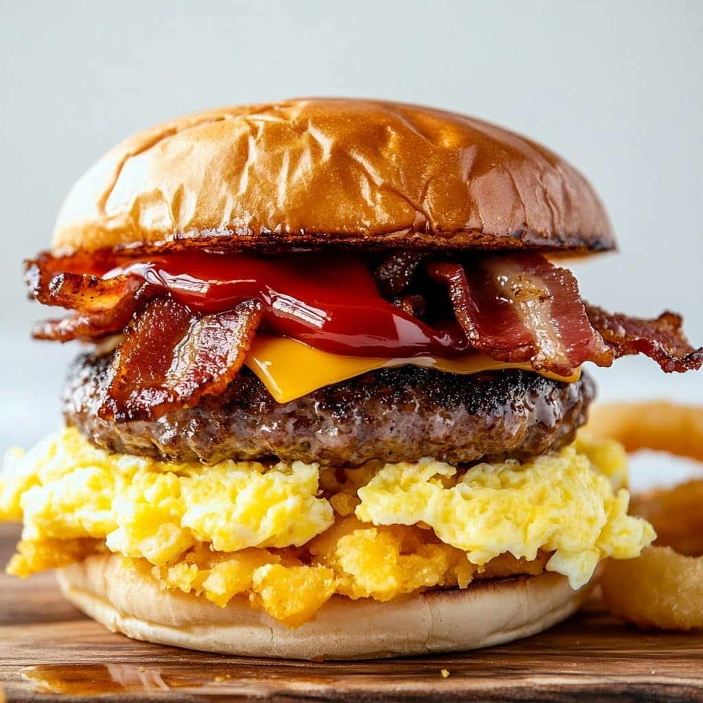 Burger breakfast with crispy bacon, cheese, scrambled eggs, and a golden hash brown, between brioche buns.