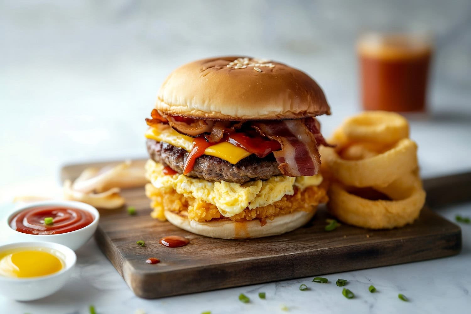 Breakfast burger served with dips and onion rings on a wooden board.