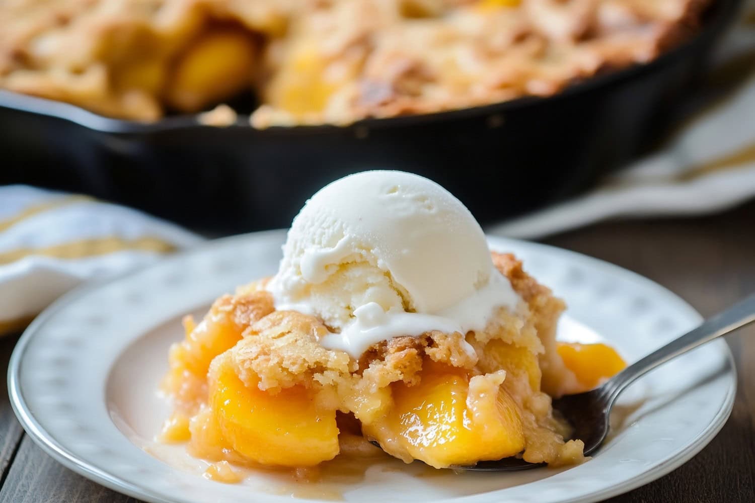 Serving of peach cobbler in a white plate with scoop of vanilla ice cream on top.