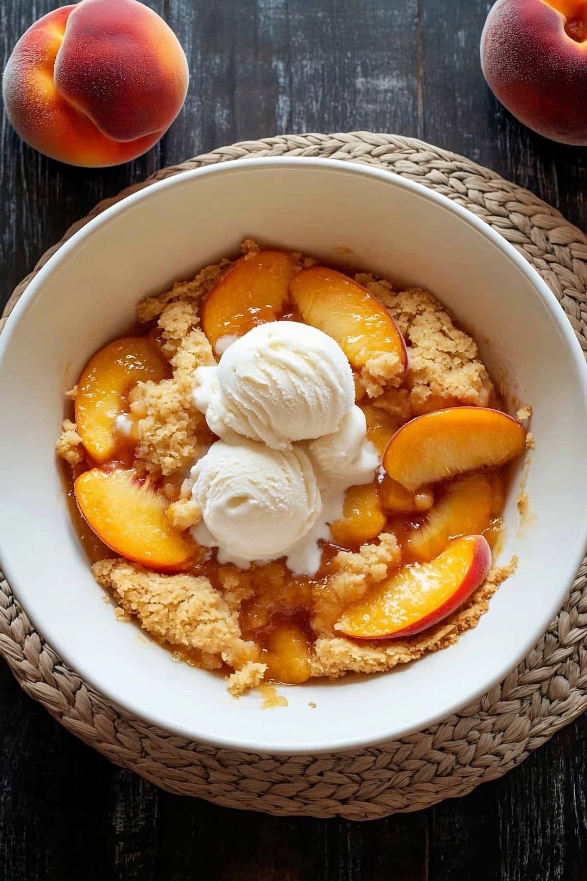 Serving of peach cobbler in a white bowl garnished with vanilla ice cream, top view