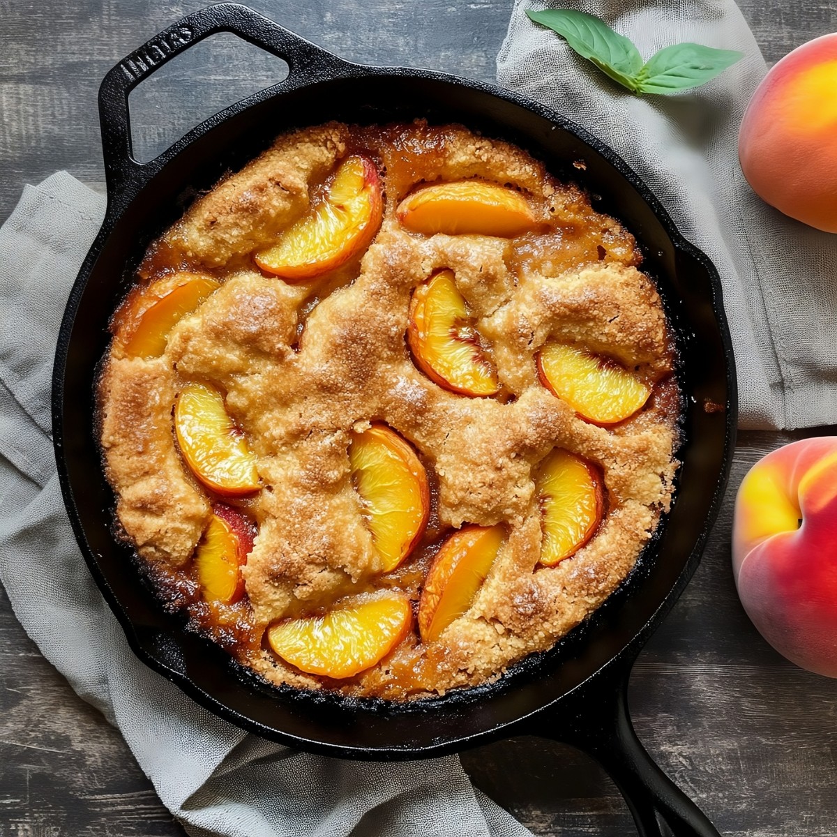 Peach cobbler in skillet sitting on a wooden table, top view