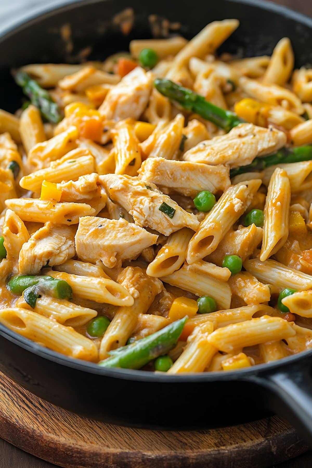 Pasta with chipotle sauce mixed with vegetables and chicken in a cast iron skillet.