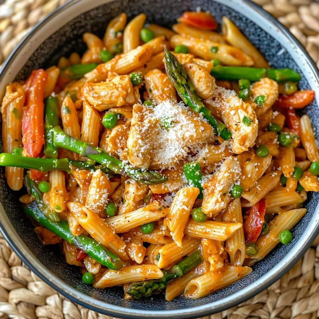 Chipotle chicken pasta with asparagus, beans and grated parmesan cheese served in a blue bowl.