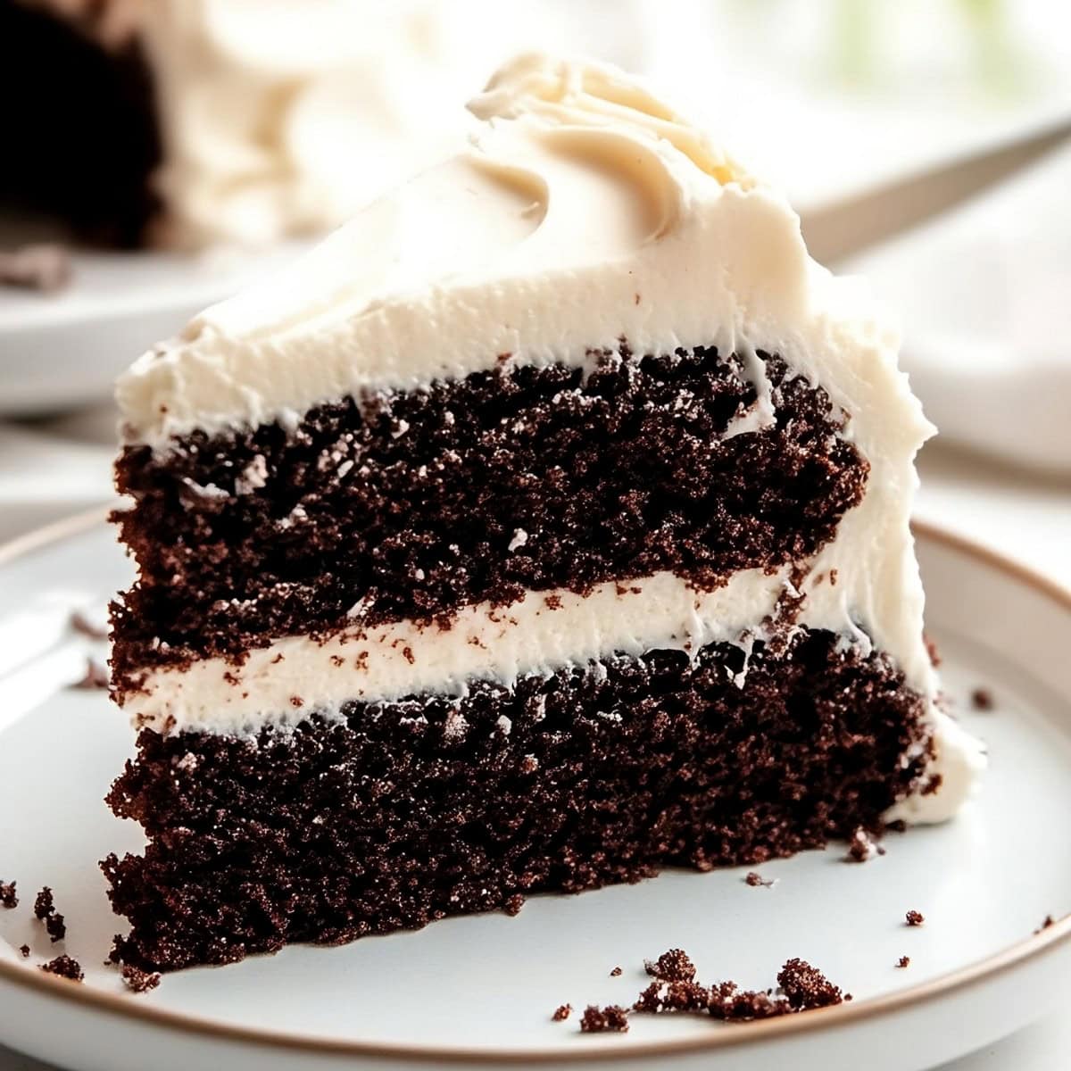 A slice of chocolate cake with cream cheese frosting standing upright on a plate