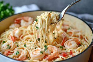 Angel hair pasta with creamy sauce and shrimp in a pan lifted with a fork.