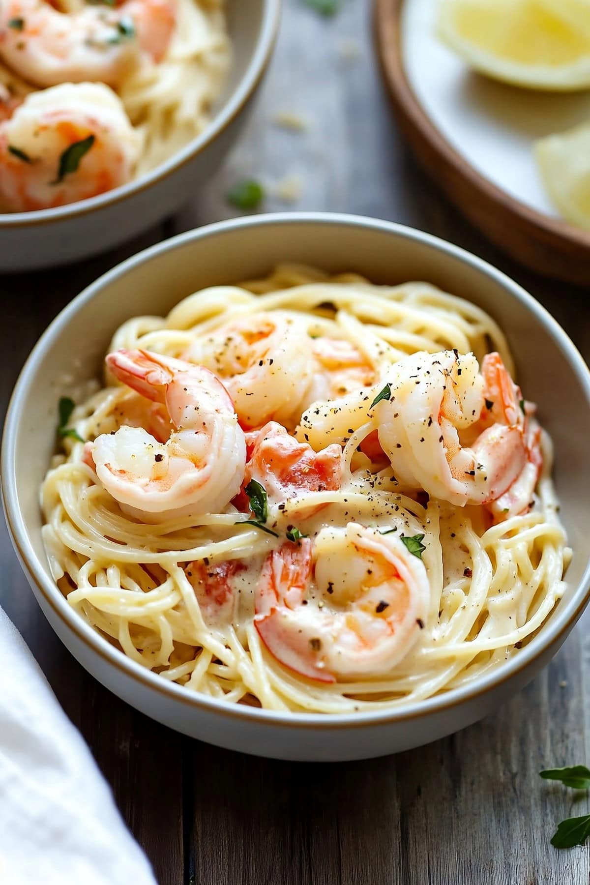 Serving of creamy angel hair pasta with shrimp in a bowl.