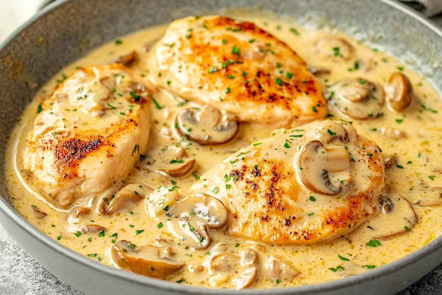 Creamy chicken Diane with mushrooms and herbs served on a skillet.