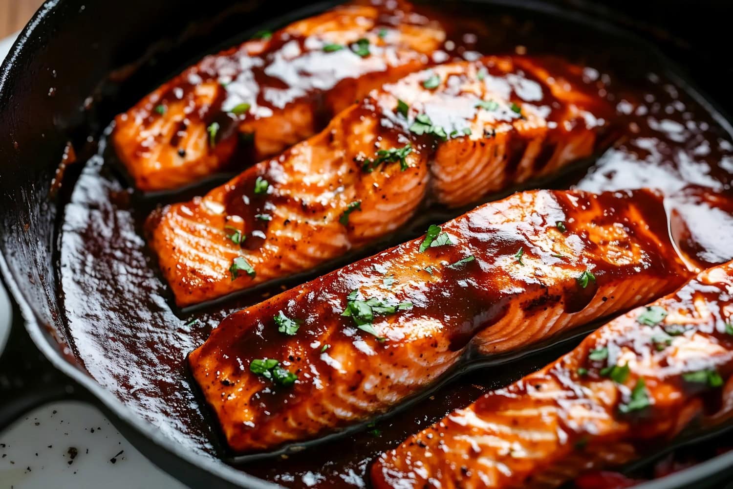 Firecracker salmon fillets with sauce arranged on a black skillet