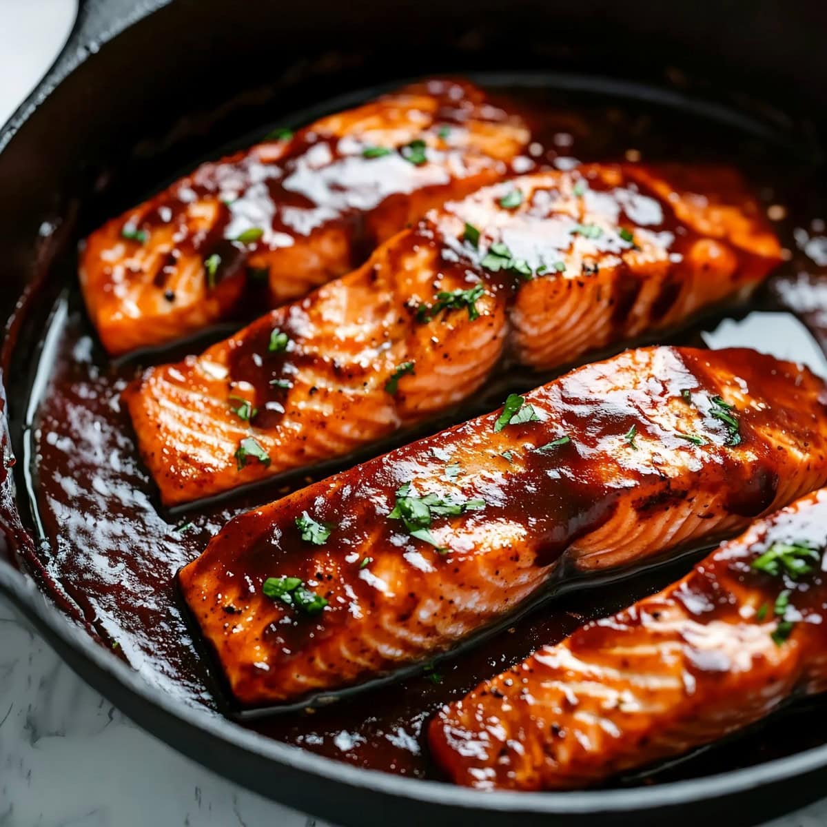 Close-up of firecracker salmon with a glossy, spicy-sweet glaze in a skillet, garnished with green onions.