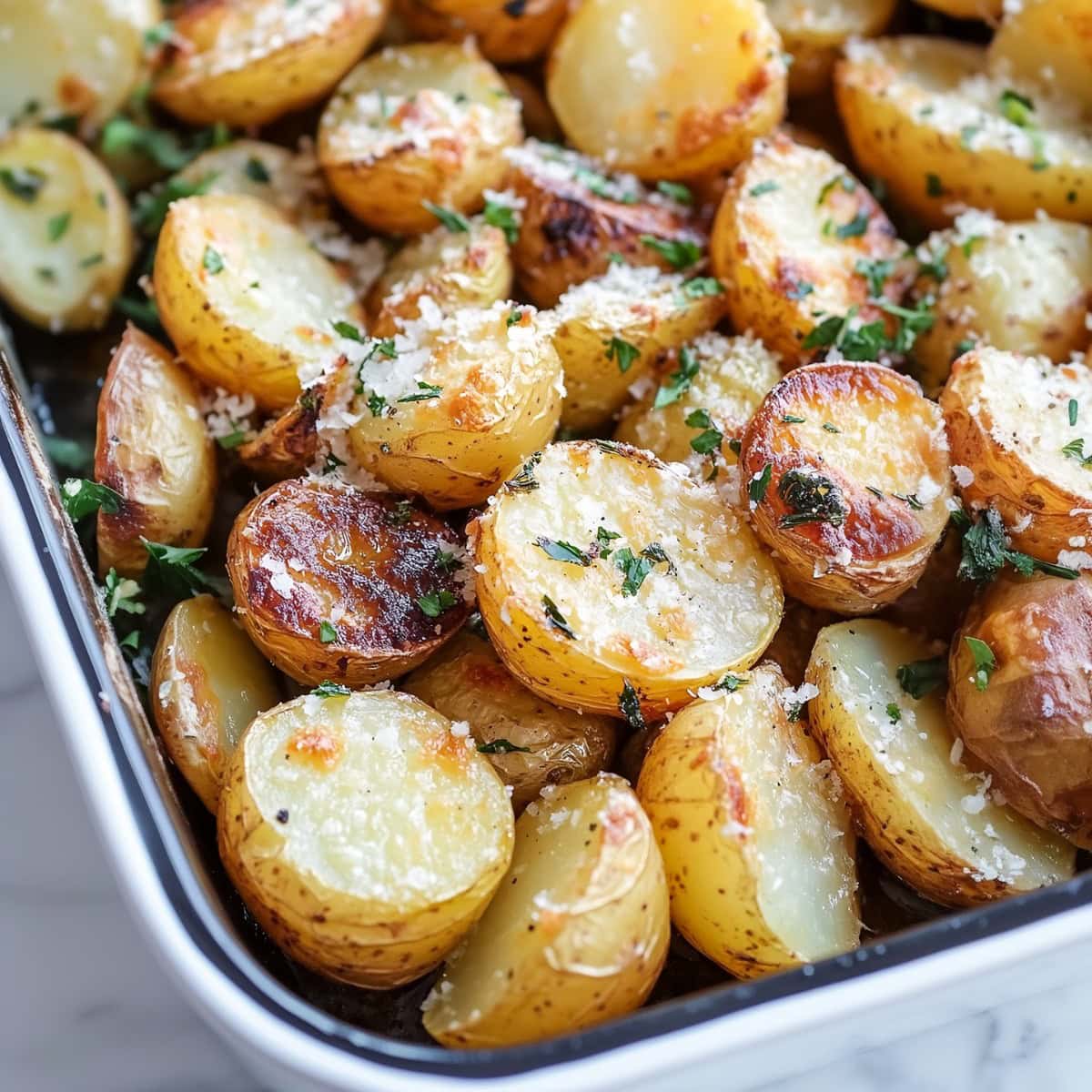 Garlic butter potatoes served in a pan garnished with parmesan cheese.